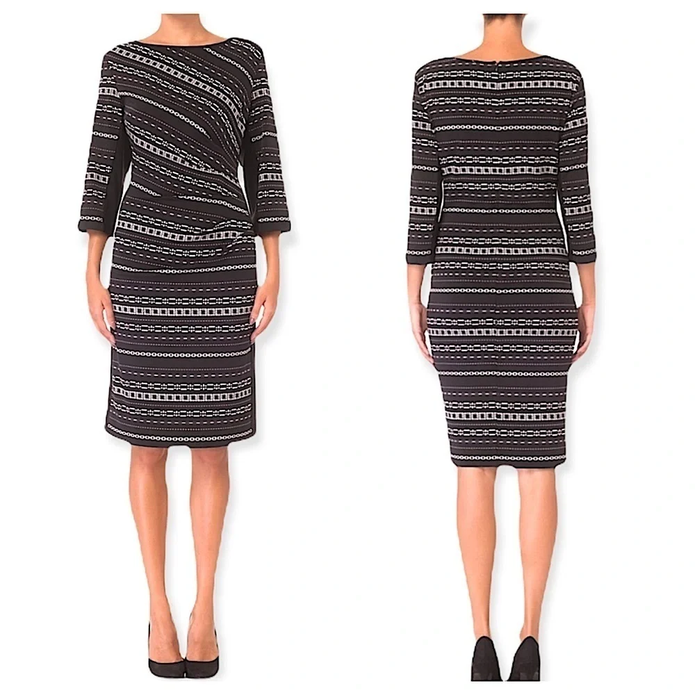 Joseph Ribkoff Chain Print Sheath Dress Size 8 3/4 Sleeve Ruching Dressy Career